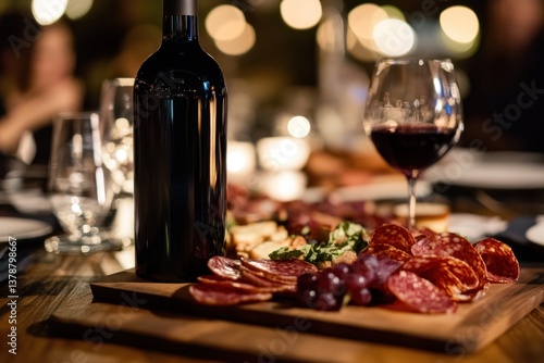A dark wine bottle on a wooden table with a charcuterie board of meats, cheese, and grapes creates an inviting vibe
