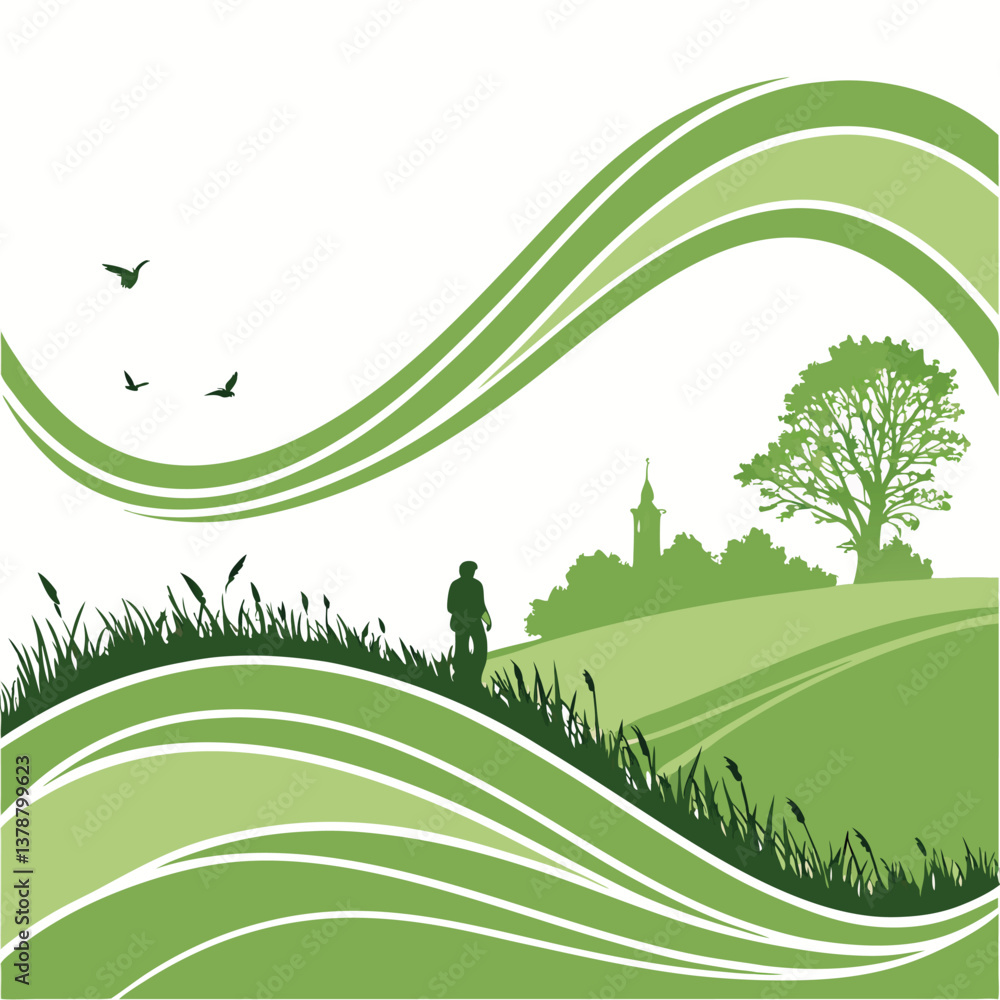 Obraz premium Green countryside landscape with trees and a sunny sky