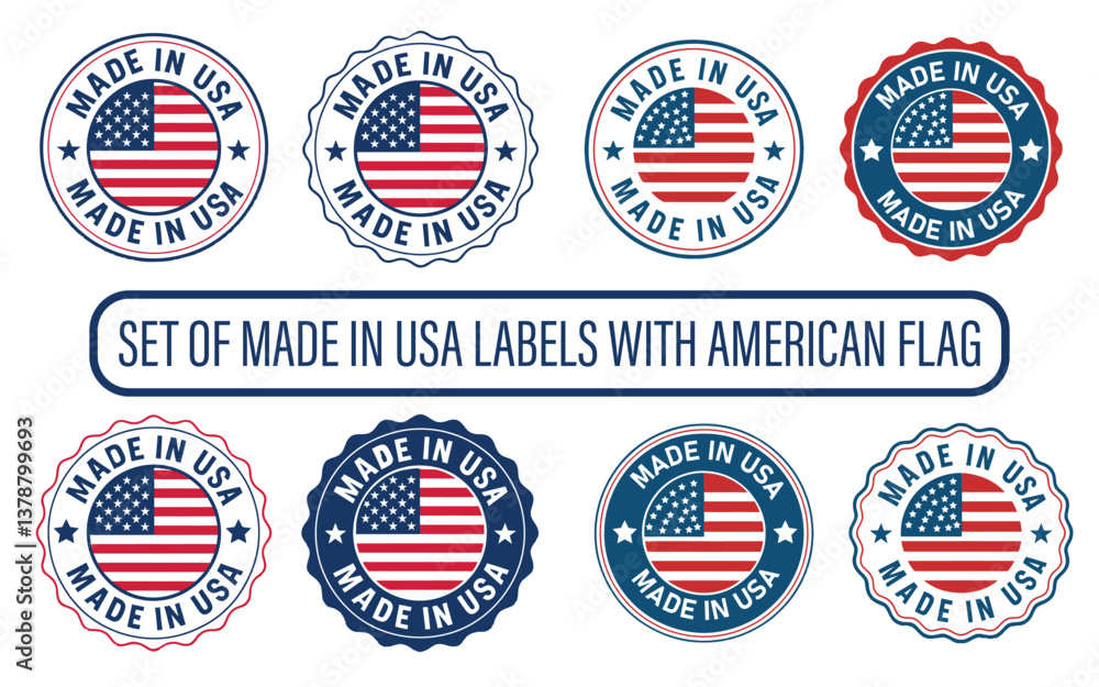 Set of Made in USA Labels with American Flag Set of Made in USA Labels with American Flag