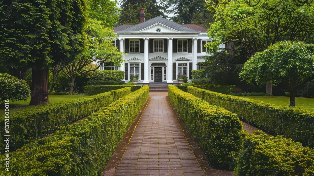 Obraz premium Colonial-style mansion with a grand entrance, columns, and neatly trimmed hedges in front of the property -