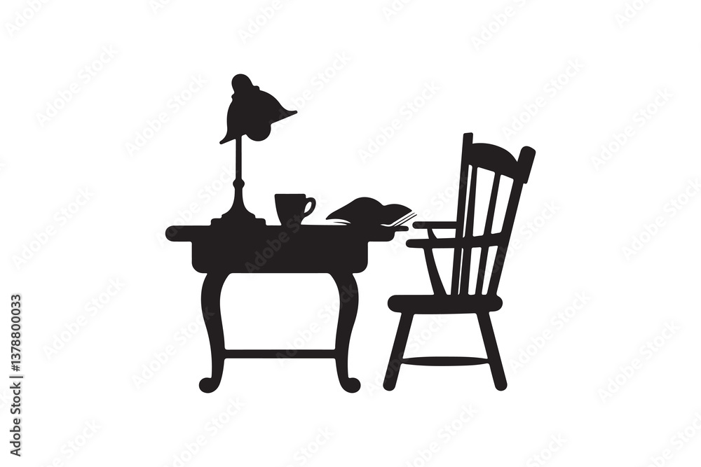 Reading table and chair art silhouettes vector with white background Reading table and chair art silhouettes vector with white background