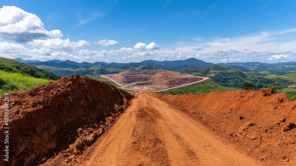 Open pit surface Concept, Expansive Landscape View of an Open Pit Mine Surrounded by Hills and Blue Sky with Fluffy Clouds Open pit surface Concept, Expansive Landscape View of an Open Pit Mine Surrounded by Hills and Blue Sky with Fluffy Clouds