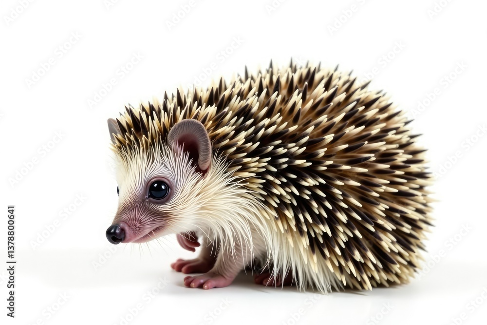 Fototapeta premium A tiny hedgehog, curled in a ball, isolated on pure white background , insectivore, tiny, spines