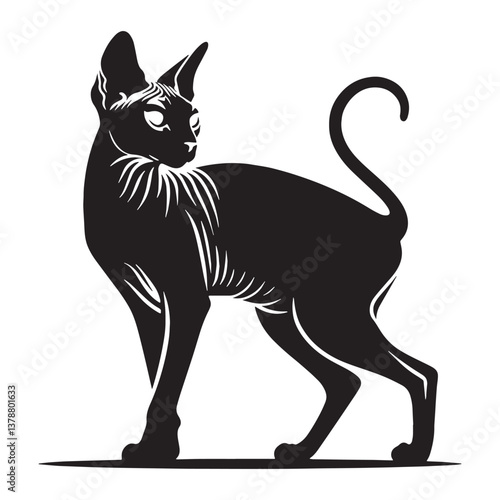 Elegant Sphynx silhouette, showcasing the breed's distinctive hairless appearance - Sphynx illustration - Sphynx vector - cat silhouette


