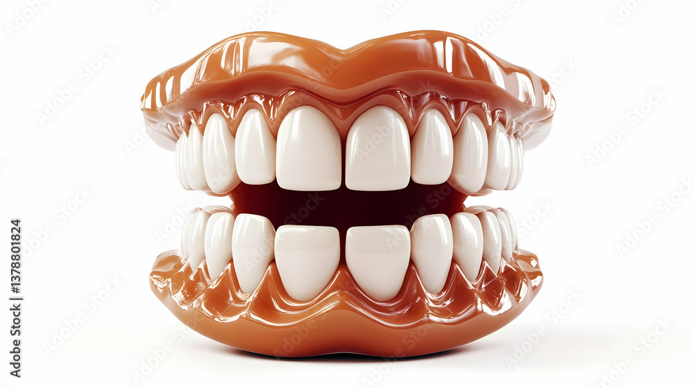 Set of Complete Dentures Isolated on White Background for Dental Health and Oral Hygiene with Natural Looking Teeth and Gums in a Studio Setting Set of Complete Dentures Isolated on White Background for Dental Health and Oral Hygiene with Natural Looking Teeth and Gums in a Studio Setting