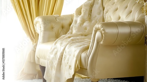 A luxurious armchair with draped fabric and elegant curtains
