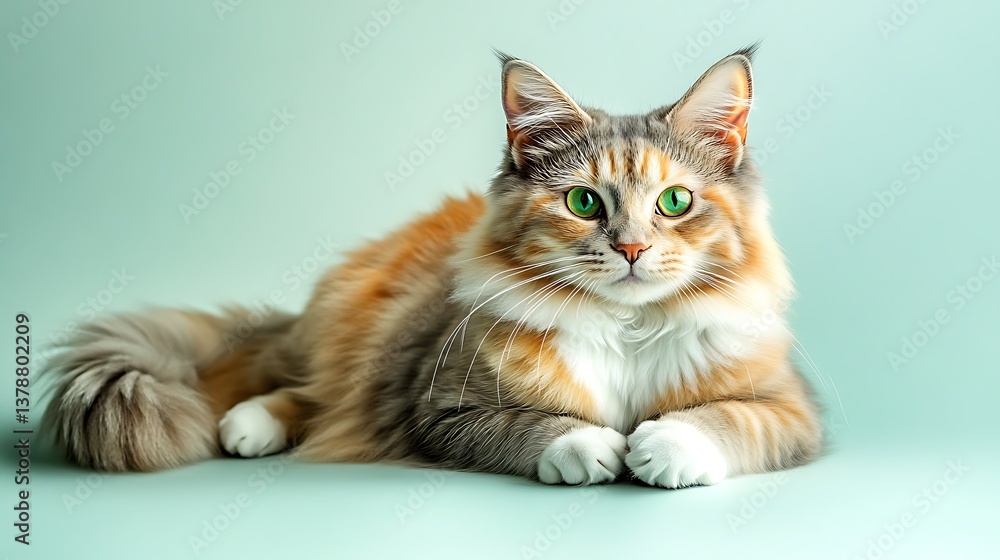 Obraz premium A majestic fluffy Exotic Shorthair cat with vibrant green eyes, lounging elegantly with its tail curled around its paws, fur showcasing soft orange, cream, and white hues, subtle natural shadows 