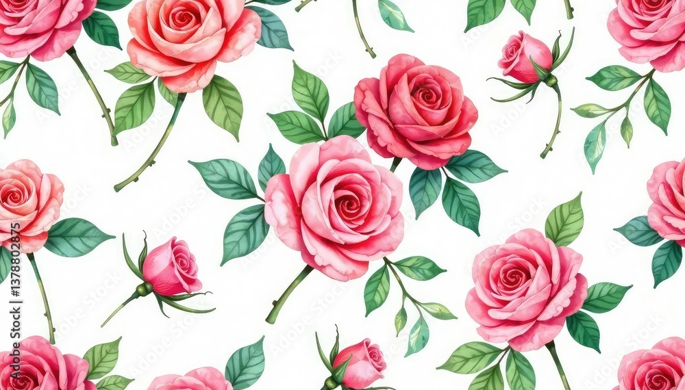 Delicate watercolor roses, lush leaves, seamless repeat , repeat, wallpaper Delicate watercolor roses, lush leaves, seamless repeat , repeat, wallpaper
