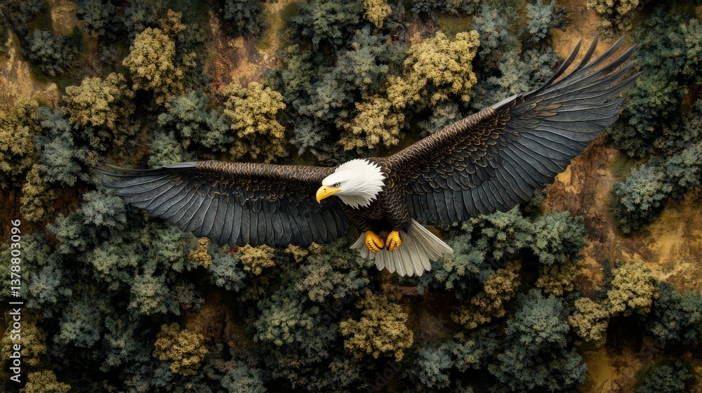 Naklejka premium A majestic bald eagle soaring over a preserved national park, representing wildlife conservation generative ai