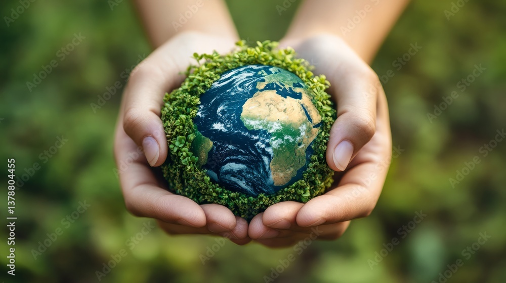 A pair of hands gently hold a miniature Earth covered in vegetation, symbolizing global ecological responsibility. generative ai A pair of hands gently hold a miniature Earth covered in vegetation, symbolizing global ecological responsibility. generative ai