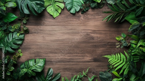 Natural background for cosmetic products created from wood and green leaves.