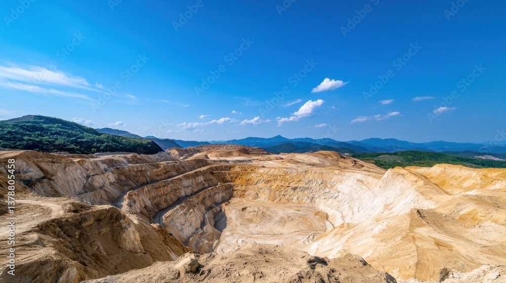Fototapeta premium Open pit surface Concept, Time Lapse Sequence of an Expanding Open Pit Mine Under Clear Blue Sky and Surrounding Mountains