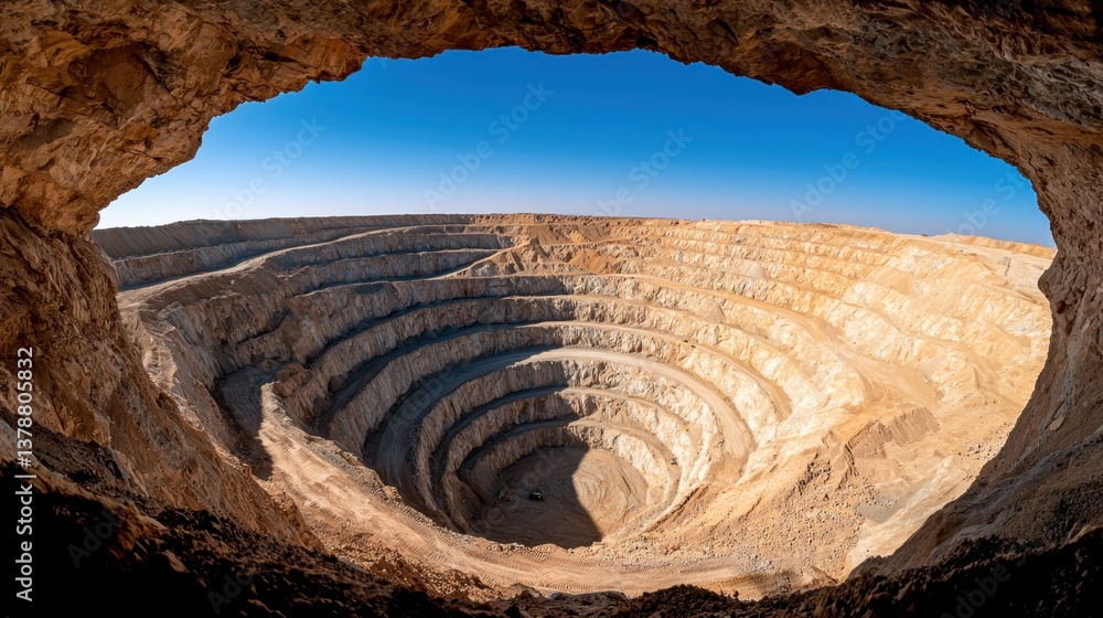Obraz premium Open pit surface Concept, Wide Angle View of a Vast Mining Excavation Showing Depth and Width of Geology in a Natural Landscape