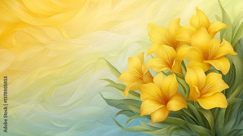 Obraz premium Radiant yellow flowers on azure canvas, a burst of floral beauty vibrant