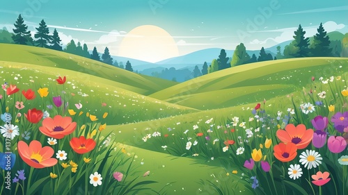 A vibrant spring meadow full of blooming flowers