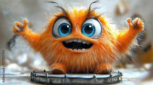 Cheerful Orange Furry Monster Joyfully Performing On a Shiny Stage with Big Blue Eyes and.