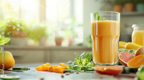 A smoothie in a clear glass surrounded by its fresh ingredients, emphasizing its vegetarian, healthy, and non-GMO qualities for promoting nutritious beverages.