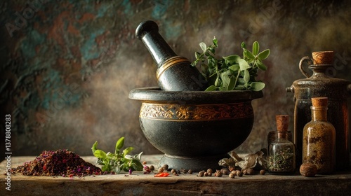 Antique Mortar and Pestle with Herbs and Spices