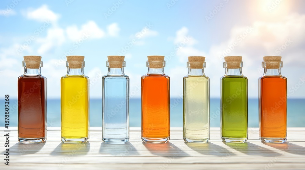 Vibrant spectrum of colorful liquids in glass bottles, a captivating display of hues Vibrant spectrum of colorful liquids in glass bottles, a captivating display of hues