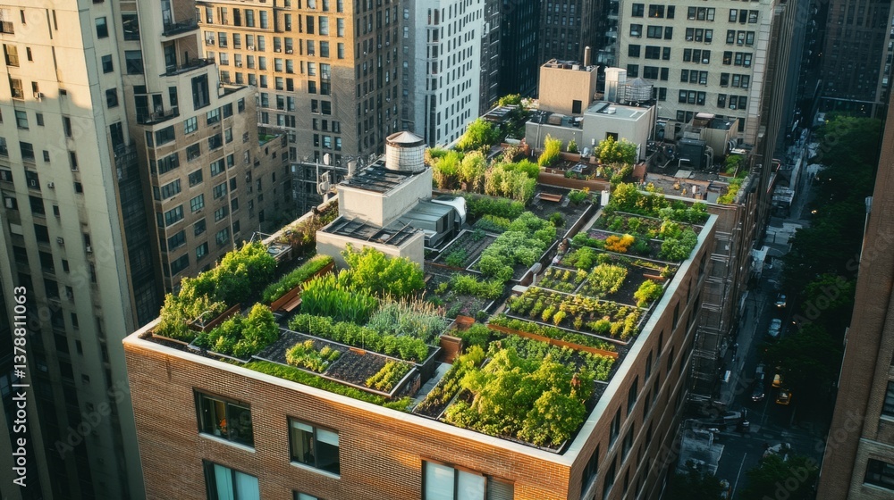 Naklejka premium A rooftop garden in a bustling city, demonstrating the integration of green spaces in urban areas generative ai