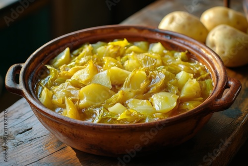 Cabbage and Potato Stew Simmering in a Rustic Clay Pot on a Wooden Table