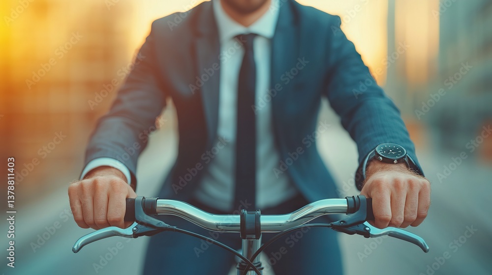Fototapeta premium Business professional riding bicycle in urban setting at sunset dynamic lifestyle image inspiring mobility concept