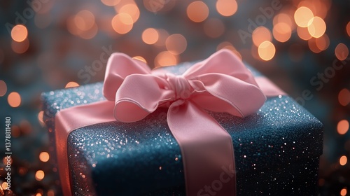 Beautiful Gift Box With Pink Ribbon and Sparkling Background During a Festive...