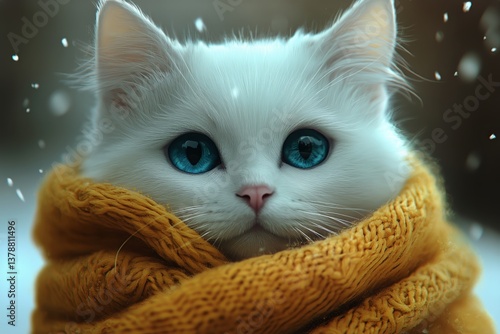 White Cat With Bright Blue Eyes Wearing a Cozy Yellow Scarf in a Snowy Enviro...