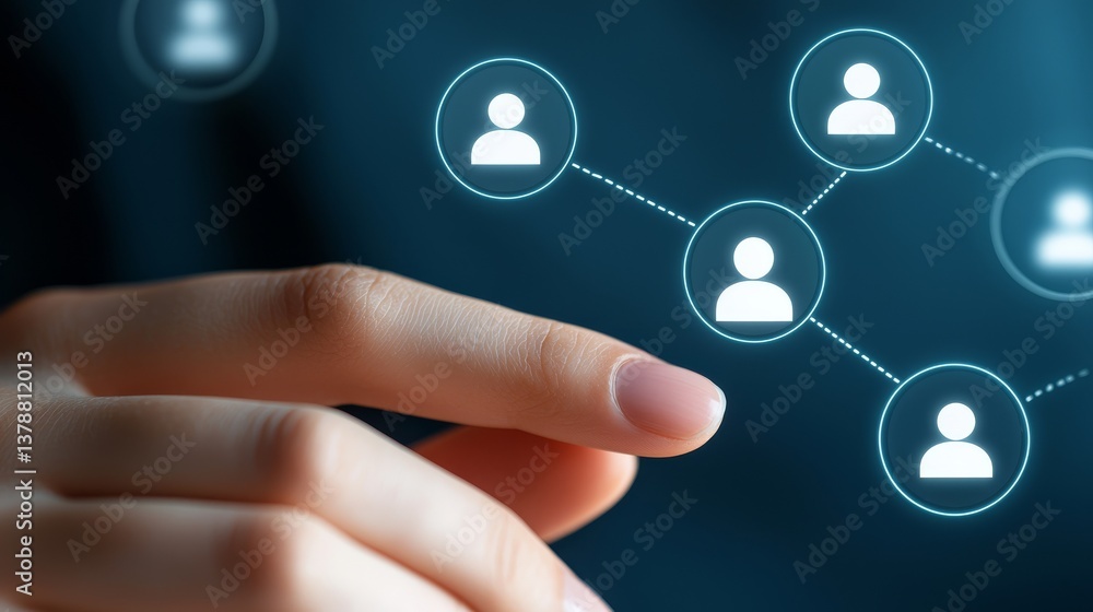 Social network connection, hand touching digital interface of online community Social network connection, hand touching digital interface of online community