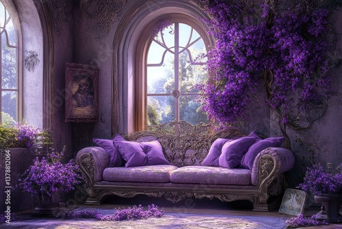 A luxurious interior with a couch and plenty of purple flowers