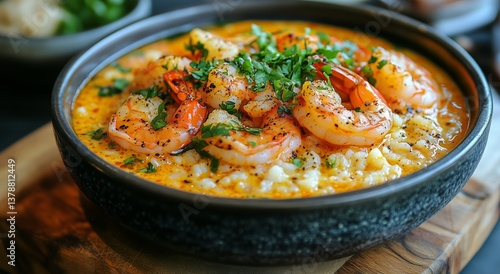 Delicious Shrimp and Meat Stew Garnished With Fresh Herbs Served in a Rustic ...