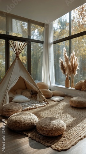 Cozy Indoor Space With a Tent and Natural Decor in a Tranquil Setting During ...