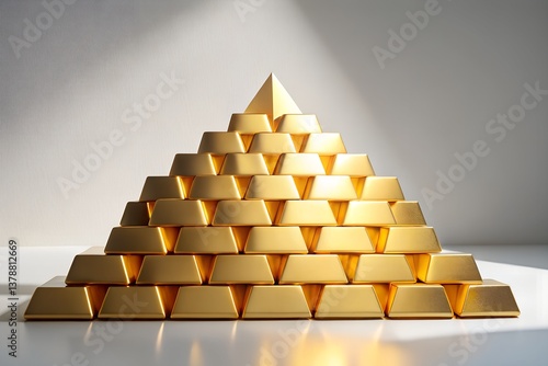 Minimalist 3D Mountain Peak of Stacked Gold Bars with Sunrise Glow