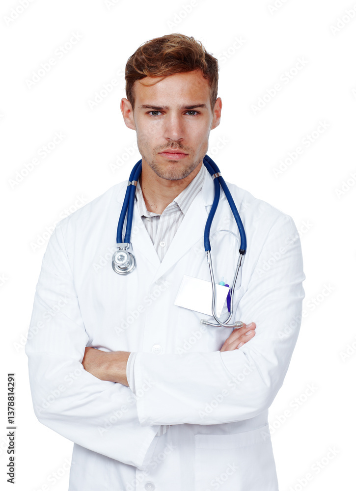 Man portrait, doctor and arms crossed for service in studio, physician consultation and white background. Male person, cardiology surgeon and ready for test, healthcare and emergency specialist Man portrait, doctor and arms crossed for service in studio, physician consultation and white background. Male person, cardiology surgeon and ready for test, healthcare and emergency specialist