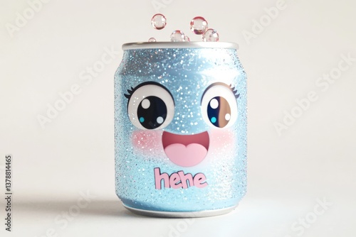 A light blue glitter can with a cute cartoon face and the word 'hehe' printed on it, bubbles floating above.