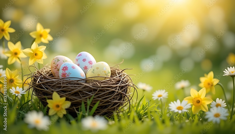 Decorated Easter eggs in a nest nestled amongst spring flowers. Decorated Easter eggs in a nest nestled amongst spring flowers.