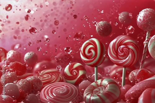 Colorful Lollipops and Candy Scattered on a Whimsical Pink Landscape During a...