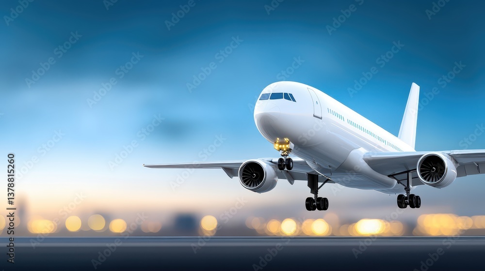 White airplane soaring above city, breathtaking urban aerial view of cityscape white
