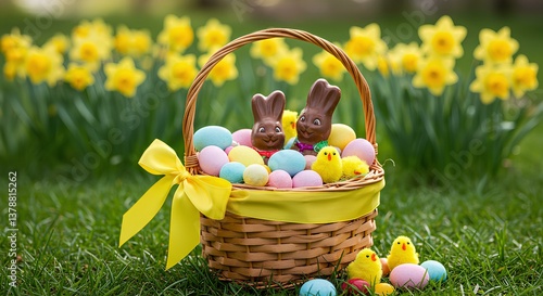 Easter basket filled with colorful eggs, chocolate bunnies, and spring flowers placed in a beautiful natural setting to celebrate Easter. Festive Easter basket