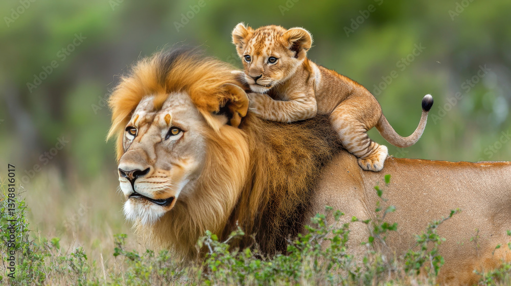 A lion carries its cub on its back in a green savanna, highlighting their bond amidst tall grass and bushes. A lion carries its cub on its back in a green savanna, highlighting their bond amidst tall grass and bushes.
