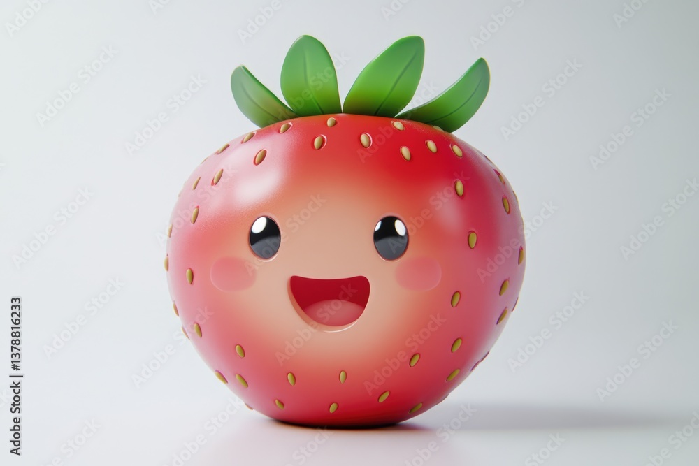 Obraz premium A happy cartoon strawberry with a smiling face and green leaves.