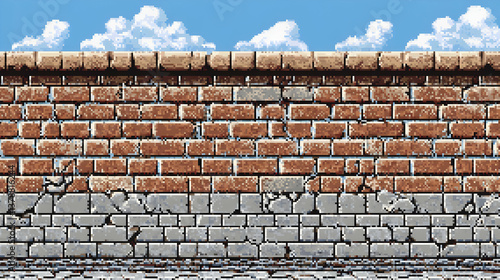 Textured Brick Wall with Gray Stone Base Under a Blue Sky in Pixelated Retro Style