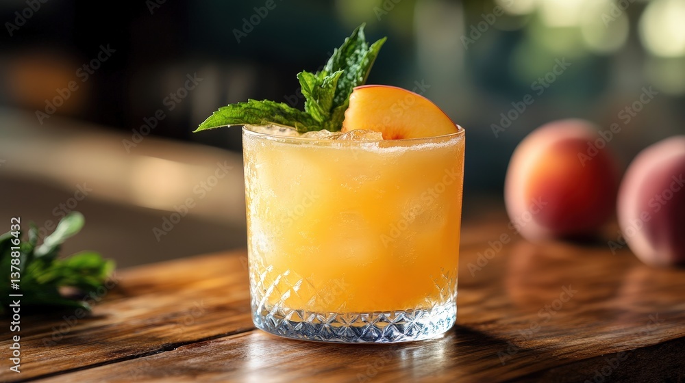 Refreshing cocktail with peach & mint, beautifully presented on a rustic table. Soft focus creates a tranquil, summery vibe Refreshing cocktail with peach & mint, beautifully presented on a rustic table. Soft focus creates a tranquil, summery vibe