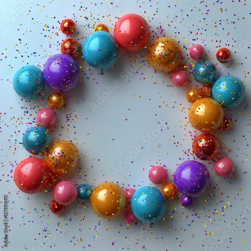 Colorful Balloons Float Amid Vibrant Confetti in a Festive Celebration Atmosp...
