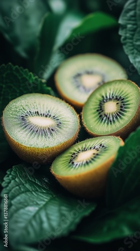 Freshly Sliced Kiwifruit Arranged in a Speckled Bowl Surrounded by Green Leaves