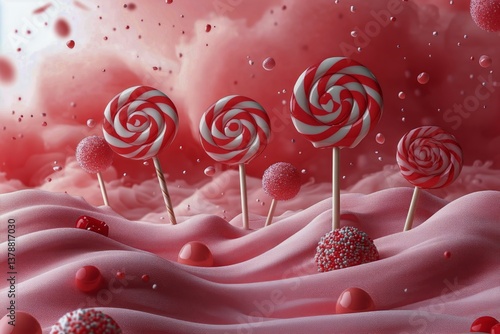 Colorful Lollipops and Candy Scattered on a Whimsical Pink Landscape During a...