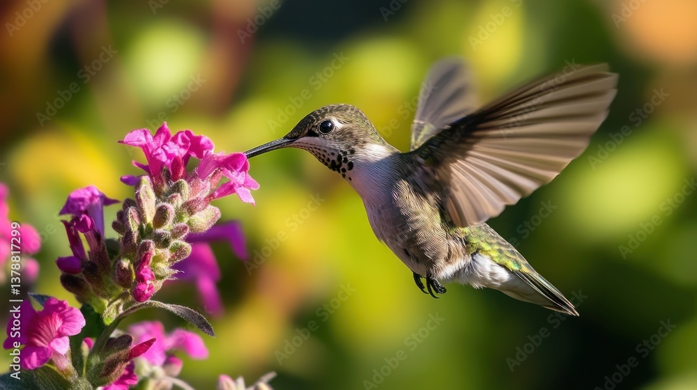 Fototapeta premium Hummingbird marvel: Nectaring with grace and speed in a vibrant garden setting