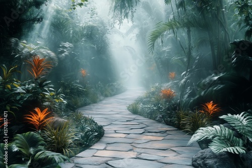 Winding Stone Path Through Dense Tropical Greenery in a Misty Forest Setting