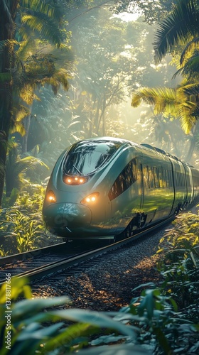 Train Travels Through Lush Jungle Landscape on a Serene Morning With Bright G...