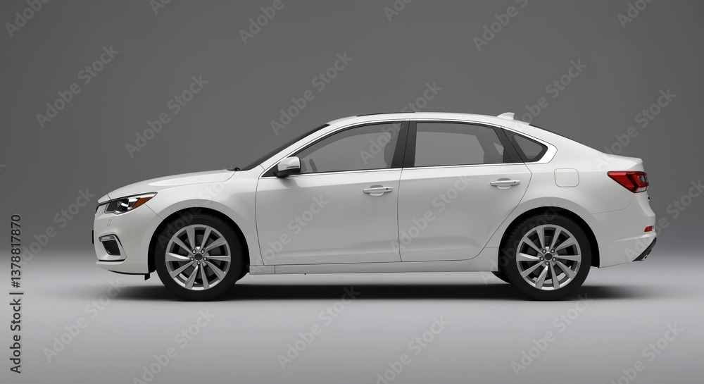Modern white sedan car side view on gray background Modern white sedan car side view on gray background